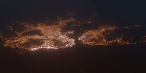 Street lights map of Rio de Janeiro (Brazil) with tilt-shift effect, view from south. Imitation of macro shot with blurred background. 3d render, selective focus