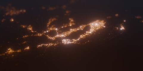 Street lights map of Bay Area (California, USA) with tilt-shift effect, view from west. Imitation of macro shot with blurred background. 3d render, selective focus