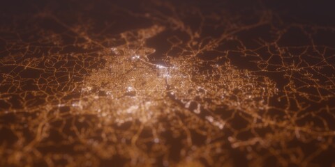 Street lights map of Columbus (Georgia, USA) with tilt-shift effect, view from north. Imitation of macro shot with blurred background. 3d render, selective focus