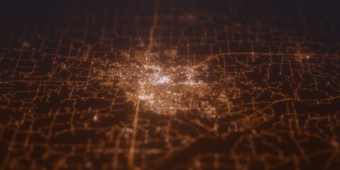 Street lights map of Columbia (Missouri, USA) with tilt-shift effect, view from west. Imitation of macro shot with blurred background. 3d render, selective focus