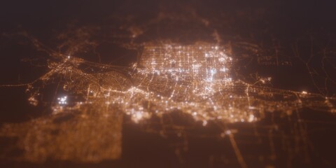 Street lights map of Albuquerque (New Mexico, USA) with tilt-shift effect, view from west. Imitation of macro shot with blurred background. 3d render, selective focus