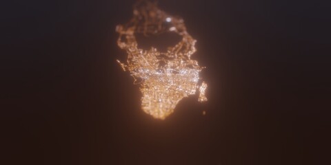 Street lights map of Nassau (Bahamas) with tilt-shift effect, view from east. Imitation of macro shot with blurred background. 3d render, selective focus