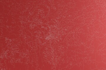 Map of the streets of Antananarivo (Madagascar) made with white lines on red paper. Top view, rough background. 3d render, illustration