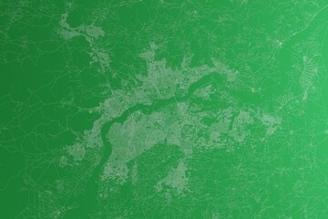 Map of the streets of Bamako (Mali) made with white lines on green paper. Rough background. 3d render, illustration
