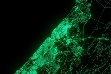 Map of the streets of Rabat (Morocco) made with green illumination and glow effect. Top view on roads network. 3d render, illustration
