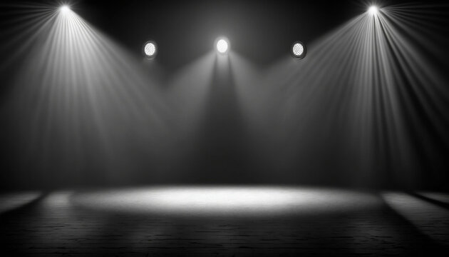 immerse yourself in an ethereal world: empty dark stage transformed with mist, fog, and black spotlights, perfect for showcasing artistic works and products. generative ai