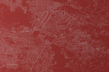 Fototapeta premium Map of the streets of Kabul (Afghanistan) made with white lines on red background. Top view. 3d render, illustration