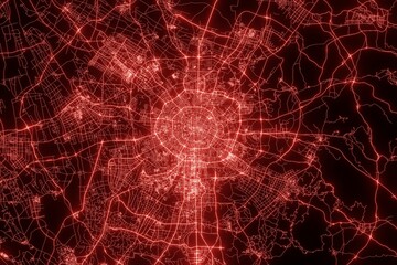 Street map of Chengdu (China) made with red illumination and glow effect. Top view on roads network. 3d render, illustration