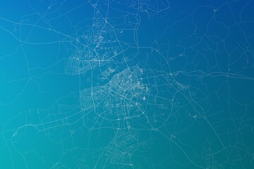 Map of the streets of Harbin (China) made with white lines on greenish blue gradient background. 3d render, illustration - obrazy, fototapety, plakaty