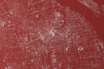Map of the streets of Shanghai (China) made with white lines on red background. Top view. 3d render, illustration
