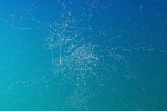 Map of the streets of Harbin (China) made with white lines on greenish blue gradient background. 3d render, illustration