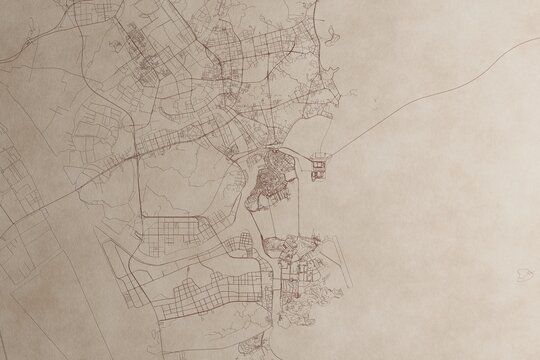 Map of Macao (China) on an old vintage sheet of paper. Retro style grunge paper with light coming from right. 3d render
