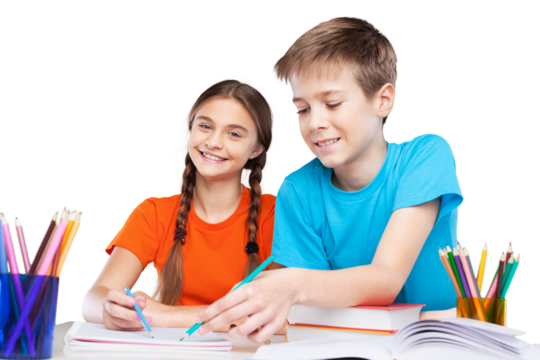Two School Children with Piggy Bank and Textbooks using art supplies