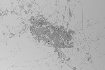 Map of the streets of Mashhad (Iran) made with black lines on grey paper. Top view. 3d render, illustration