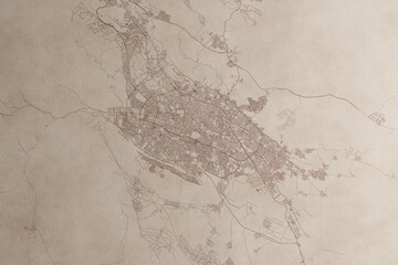 Map of Shiraz (Iran) on an old vintage sheet of paper. Retro style grunge paper with light coming from right. 3d render