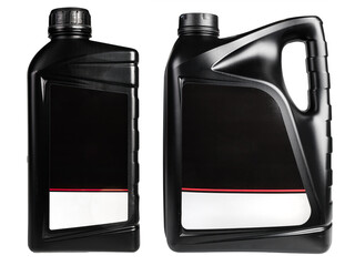 Closeup of two black plastic containers isolated on white background. Small and big bottle for packing of fuel or motor oil, fluid detergents and chemicals or other liquids with copy space on sticker.