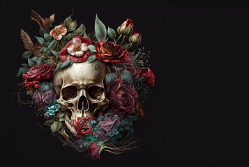 Skull in flowers on a dark background. Watercola. Banner. Generative AI