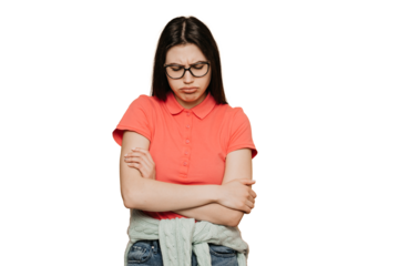 Bored young girl in glasses, wearing in a pink t-shirt, tired staying at home during quarantine because of coronavirus pandemic, over transparent background. Covid-19 concept.