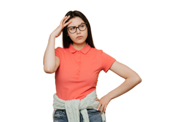 Thoughtful displeased woman with, holds chin and looks away, contemplates about something,in pink t shirt, being in upset mood, smirks face and being upset by bad thoughts over transparent background