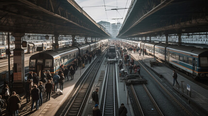 Fototapeta na wymiar A busy train station in the city center Generative AI