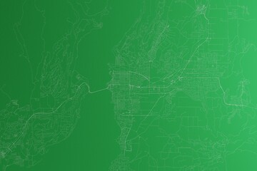 Map of the streets of Kelowna (Canada) made with white lines on green paper. Rough background. 3d render, illustration