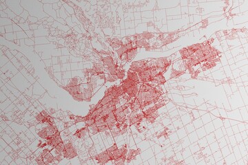 Map of the streets of Ottawa (Canada) made with red lines on white paper. 3d render, illustration