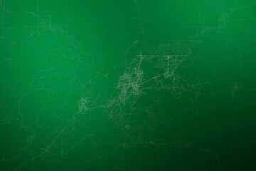 Map of the streets of Sudbury (Canada) made with white lines on abstract green background lit by two lights. Top view. 3d render, illustration