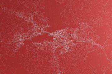 Map of the streets of Tampere (Finland) made with white lines on red paper. Top view, rough background. 3d render, illustration