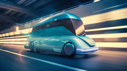 A futuristic electric cargo transport vehicle on a busy highway, showcasing efficiency and sustainability