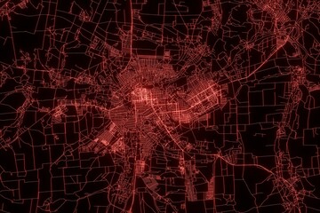 Street map of Lugansk (Ukraine) made with red illumination and glow effect. Top view on roads network. 3d render, illustration