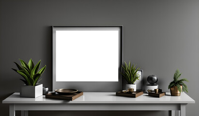 Empty square frame mockup in modern minimalist interior with plant in trendy vase on white wall background, Template for artwork, painting, photo or poster