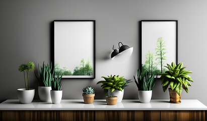 Empty square frame mockup in modern minimalist interior with plant in trendy vase on white wall background, Template for artwork, painting, photo or poster