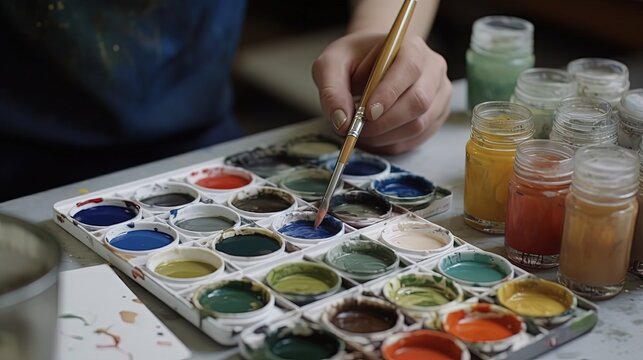 close up artist hand mix color in color palette, Generative Ai