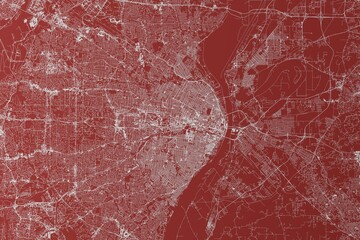 Map of the streets of St Louis (Missouri, USA) made with white lines on red background. Top view. 3d render, illustration - obrazy, fototapety, plakaty