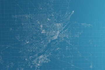 Map of the streets of Toledo (Ohio, USA) made with white lines on blue paper. Rough background. 3d render, illustration - obrazy, fototapety, plakaty
