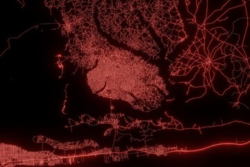 Street map of Porto Novo (Benin) made with red illumination and glow effect. Top view on roads network. 3d render, illustration