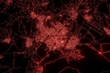 Street map of Gaborone (Botswana) made with red illumination and glow effect. Top view on roads network. 3d render, illustration