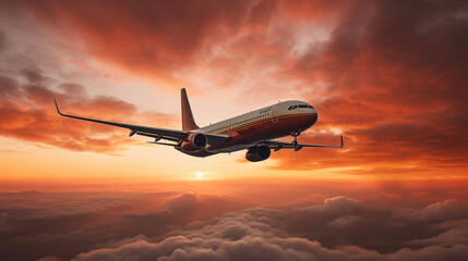 A commercial airliner flying over an orange-red suns Generative AI - obrazy, fototapety, plakaty