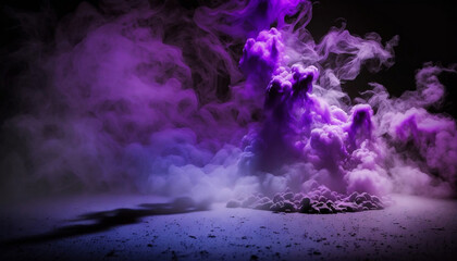 immerse yourself in an ethereal world: empty dark stage transformed with mist, fog, and purple smoke, perfect for showcasing artistic works and products. generative ai