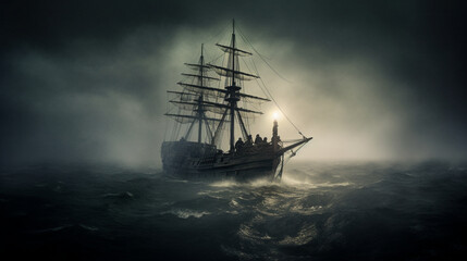 Fototapeta na wymiar A cursed ghostly ship on a haunted sea with ghostly Generative AI