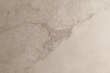 Map of Santa Cruz de Tenerife (Spain) on an old vintage sheet of paper. Retro style grunge paper with light coming from right. 3d render