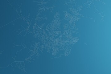 Map of the streets of Bissau (Guinea-Bissau) made with white lines on blue paper. Rough background. 3d render, illustration