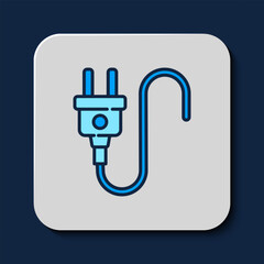 Filled outline Electric plug icon isolated on blue background. Concept of connection and disconnection of the electricity. Vector