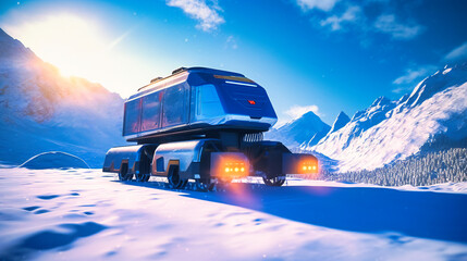 Fototapeta na wymiar A futuristic electric cargo transport vehicle in a snowy mountain landscape, showcasing adaptability and resilience