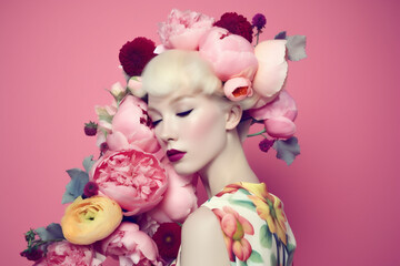 Fototapeta premium flower woman spring portrait art bouquet summer beauty fashion model peony. Generative AI.