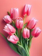 Fototapeta premium Empty clean solid pink background with fresh tulip flowers. Springtime holidays vertical greeting card template. AI generative image.