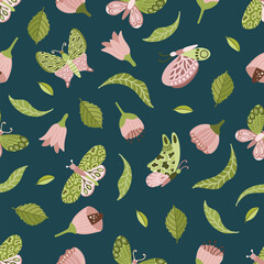 Vector seamless spring pattern with flowers, bouquets, plants