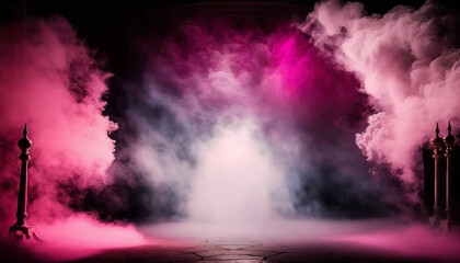 immerse yourself in an ethereal world: empty dark stage transformed with mist, fog, and pink smoke, perfect for showcasing artistic works and products. generative ai