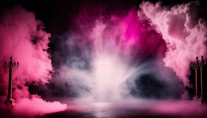 Fototapeta na wymiar immerse yourself in an ethereal world: empty dark stage transformed with mist, fog, and pink smoke, perfect for showcasing artistic works and products. generative ai