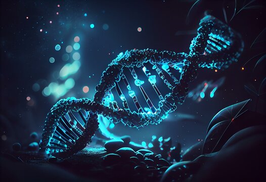 Blue DNA illustration with bokeh lights, genetic medicine and innovation. Generative AI